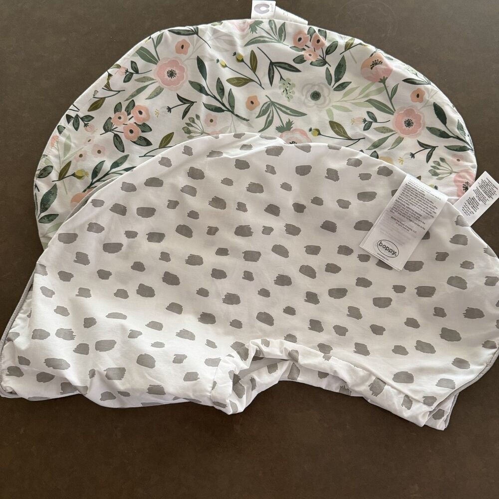 Lot 2 Boppy Zipper Covers For Breastfeeding Baby White w/Floral & White w/Gray